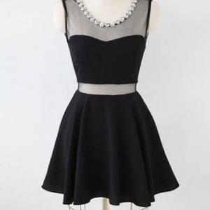 Charming Short Little Black Dress With Mesh Insert..